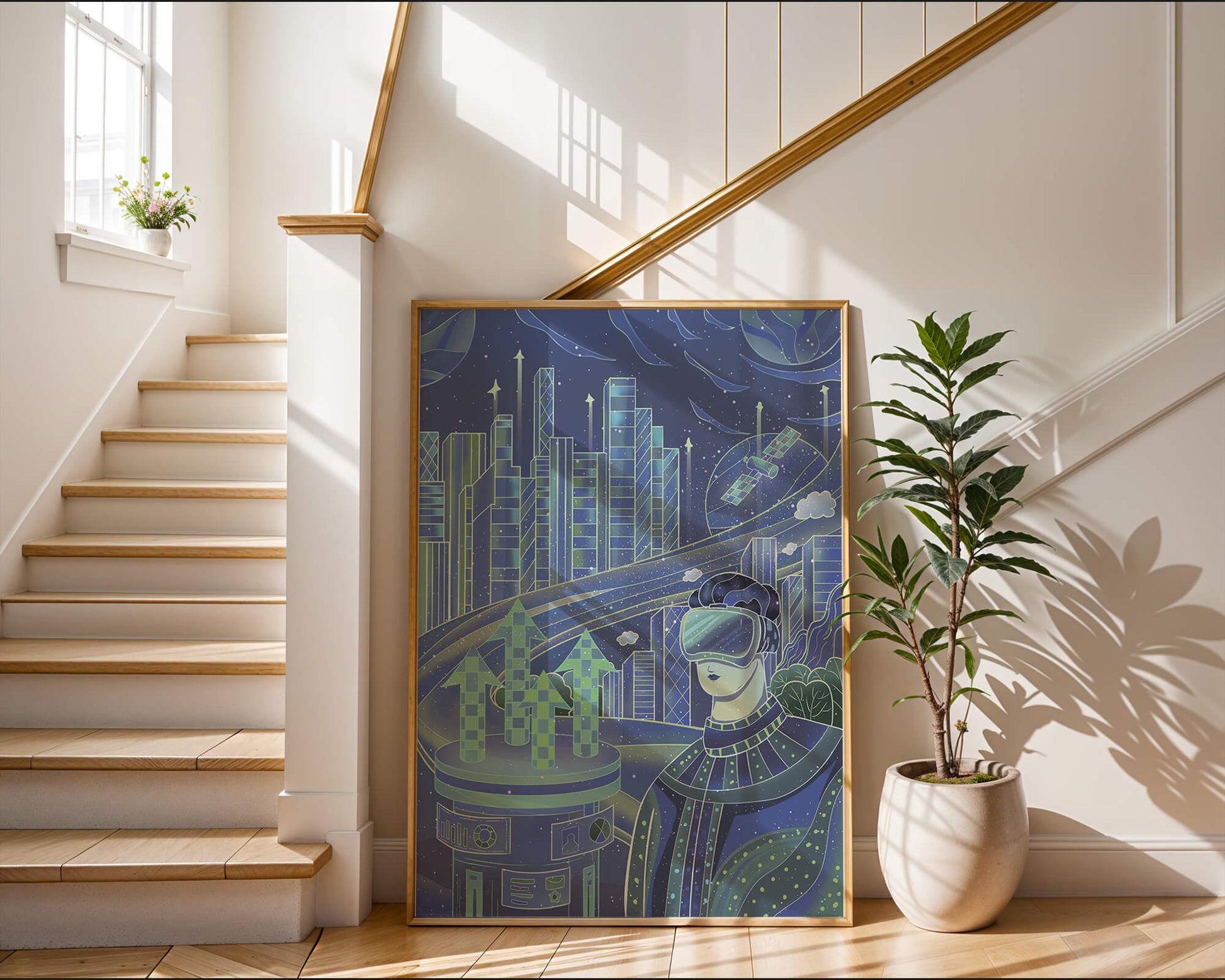 Futuristisches Stadtbild mit Virtual Reality und Technologieelementen