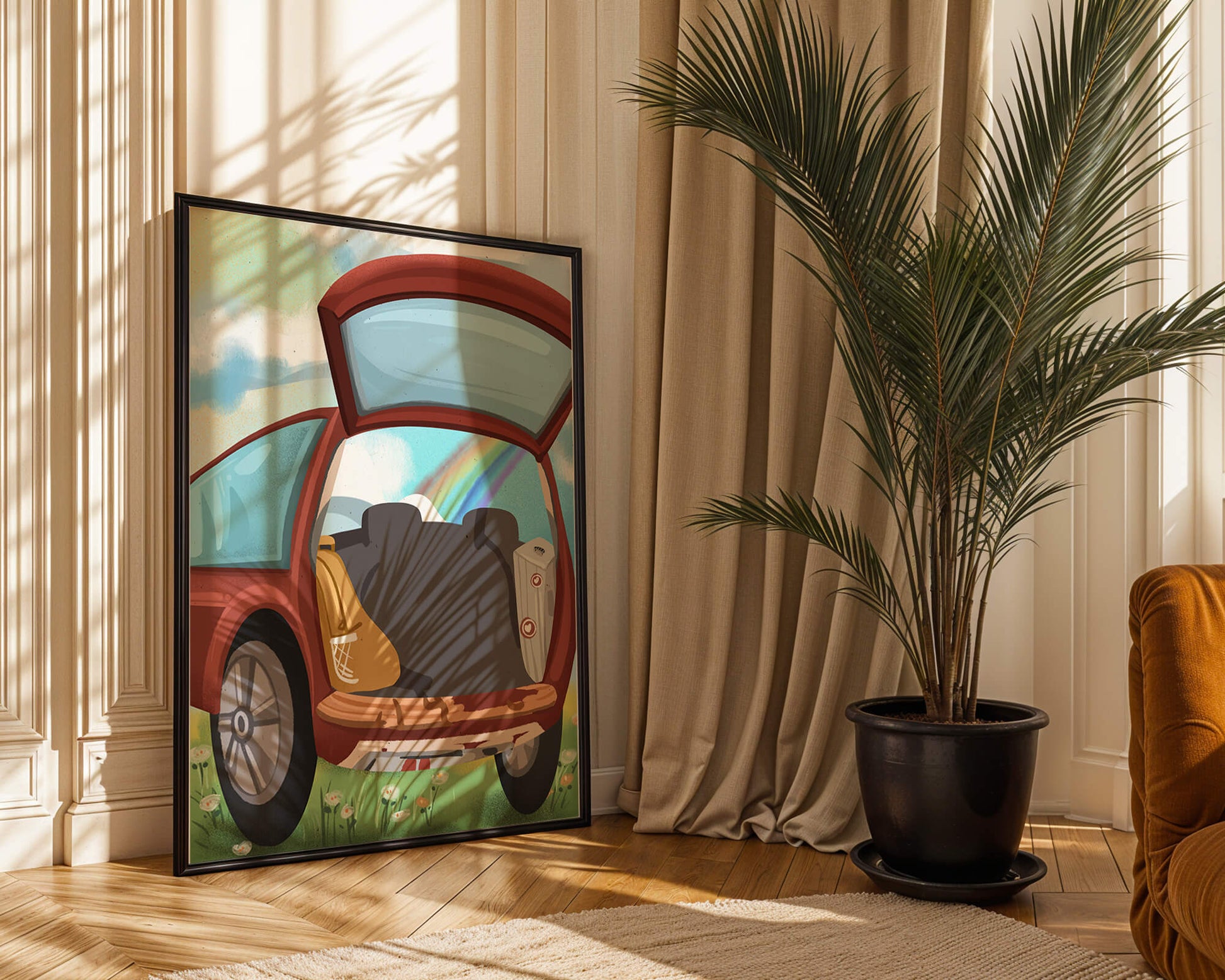 Car Trunk with Picnic Items and Rainbow in Background