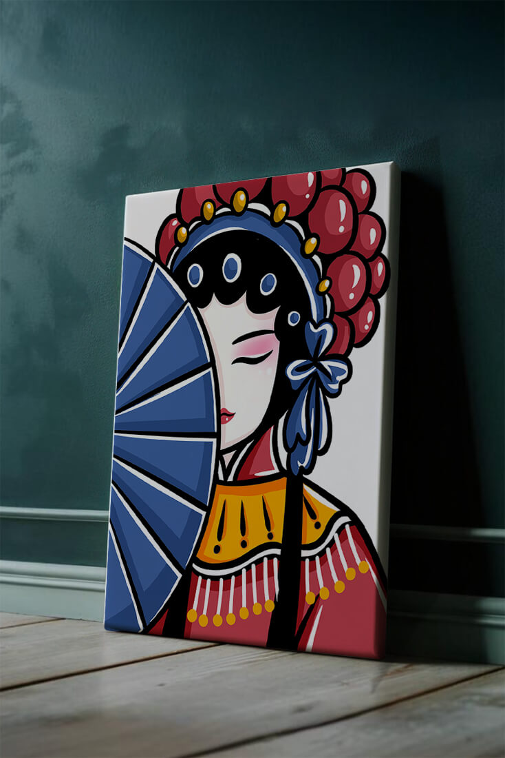Traditional Asian opera character with fan and decorative headpiece