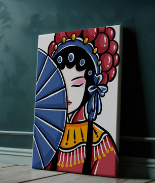 Traditional Asian opera character with fan and decorative headpiece