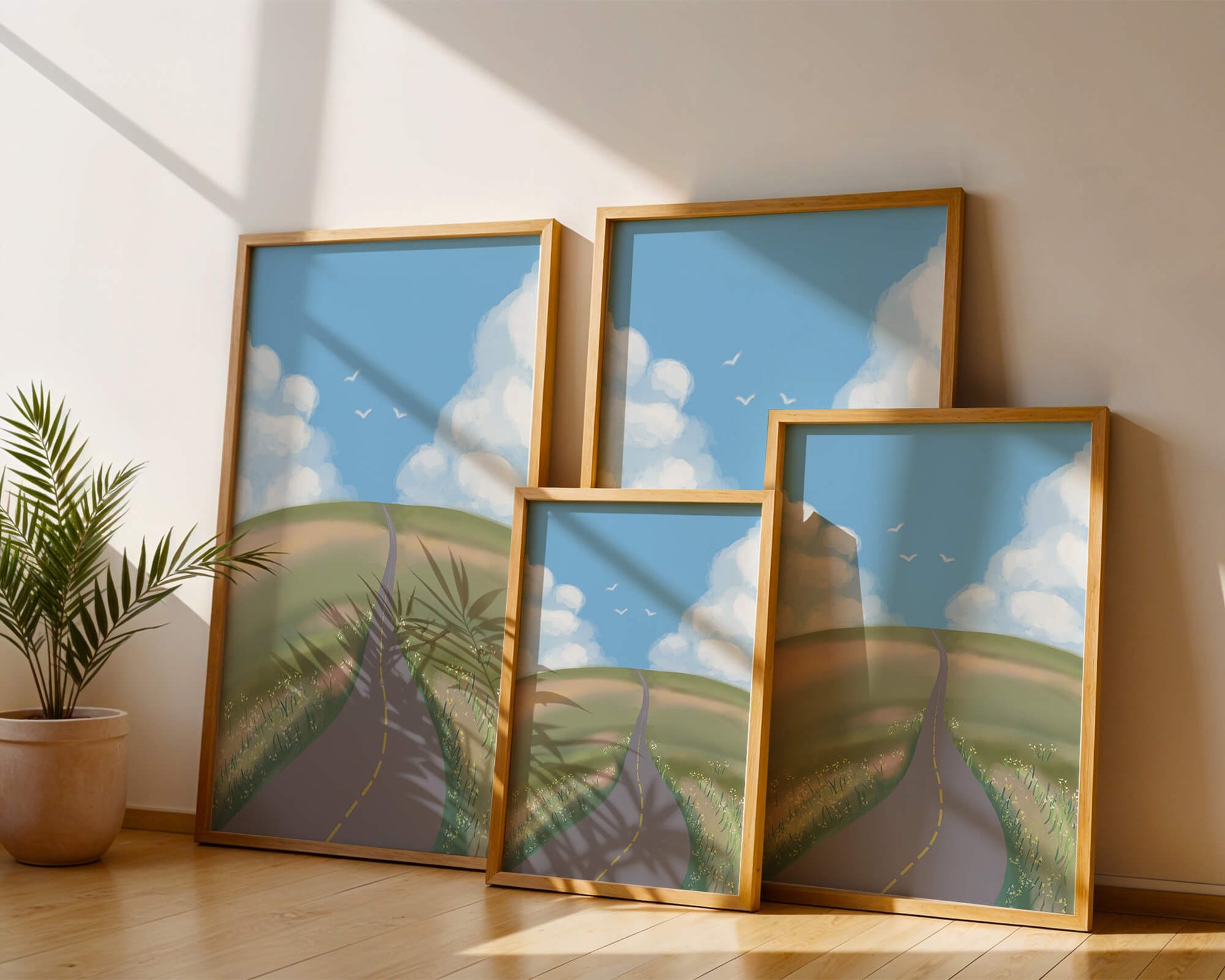 Serene countryside road with vibrant sky and rolling hills