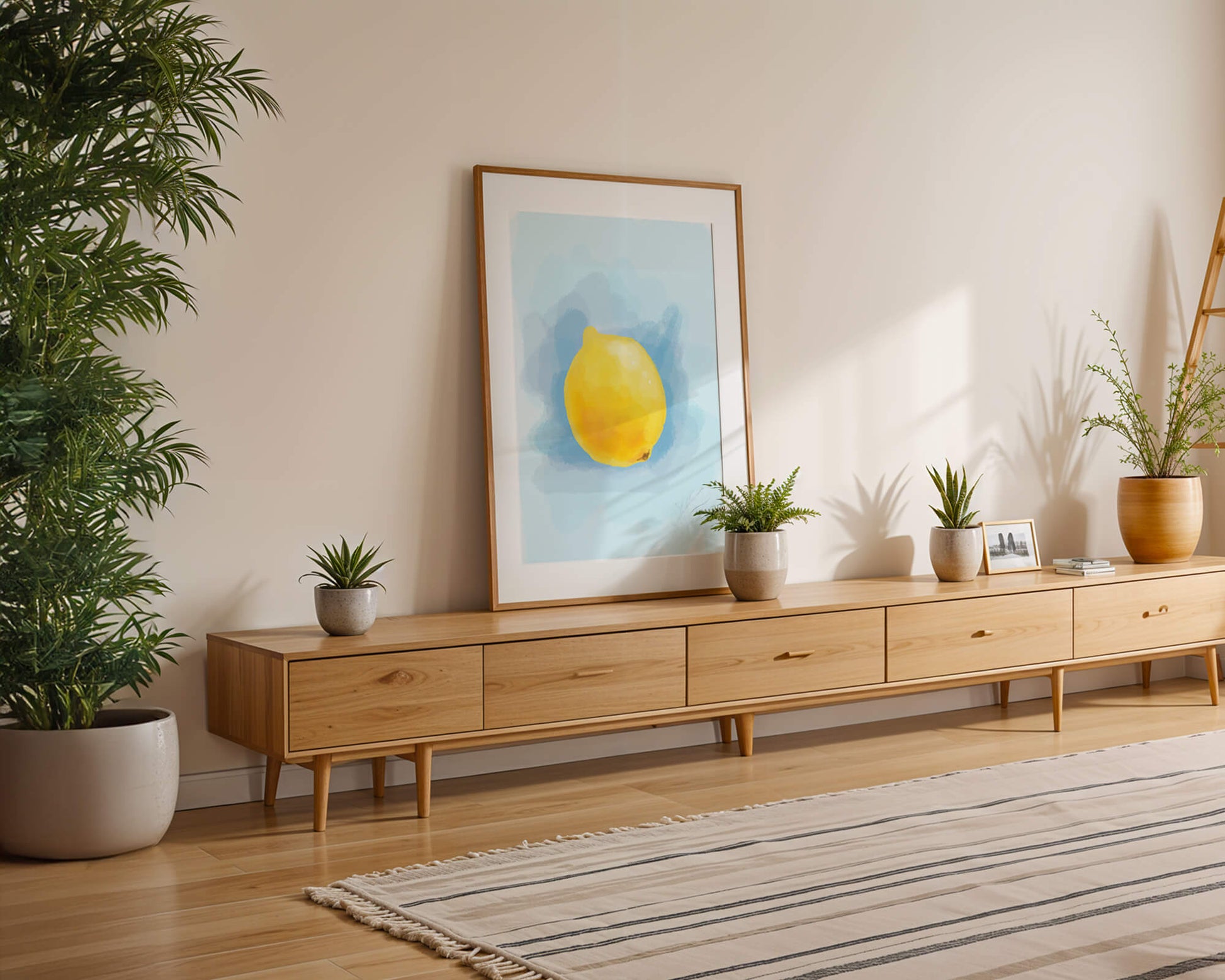 Watercolor artwork of a lemon on a blue background