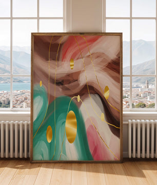 Diseño abstracto de remolinos coloridos con círculos dorados