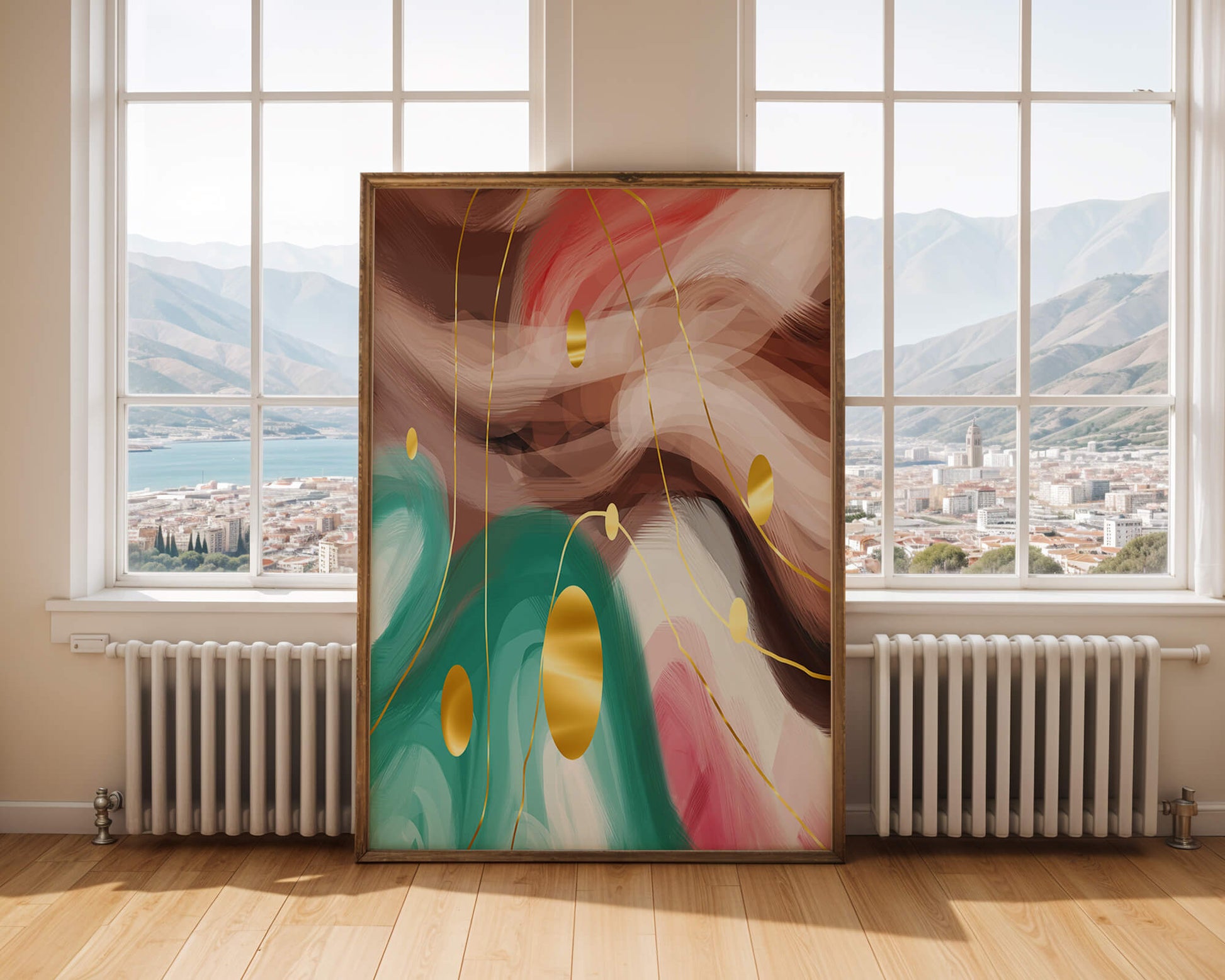 Abstract colorful swirl design with golden circles
