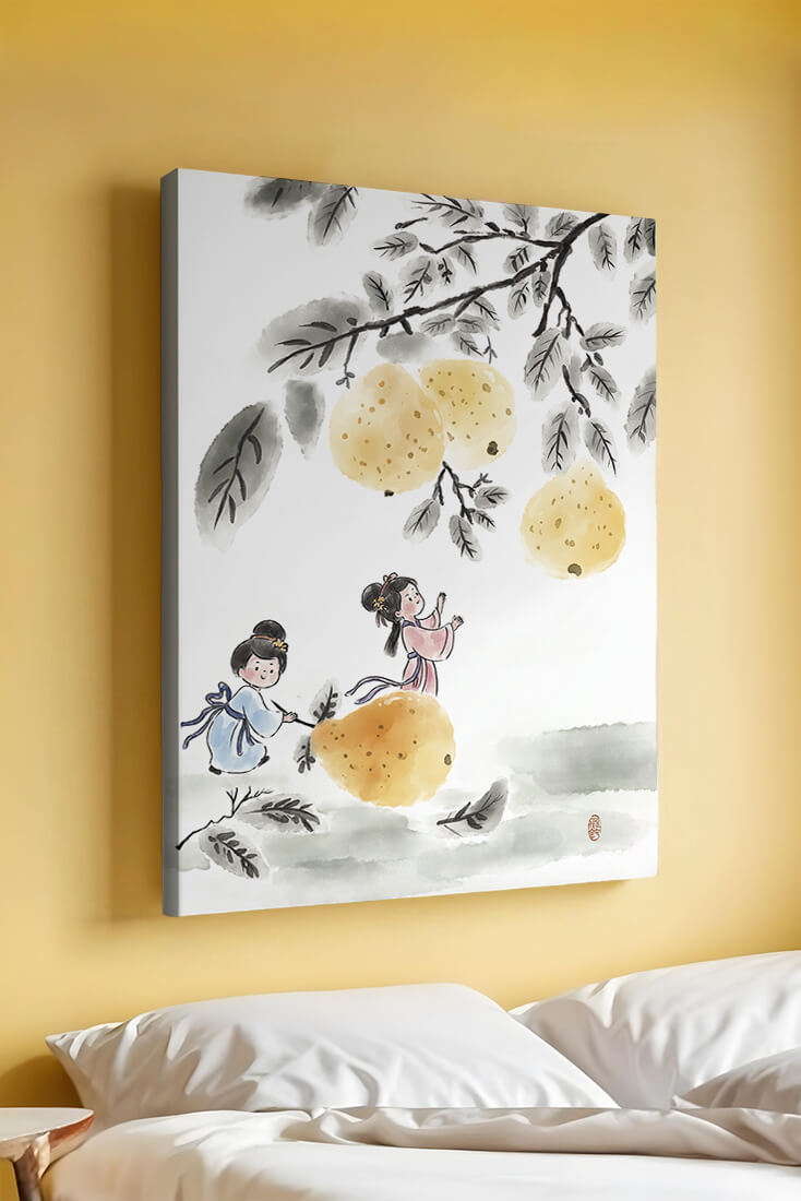 Ilustración encantadora de niños en vestimenta tradicional recolectando peras