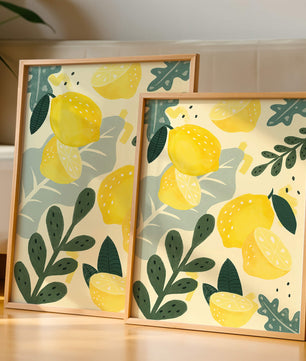 Composición ilustrativa de limones y hojas con colores vibrantes