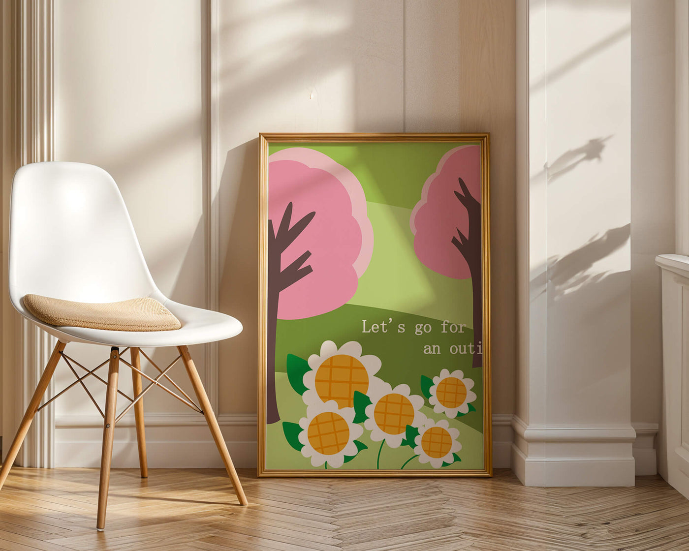 Charming spring landscape with pink trees and daisies