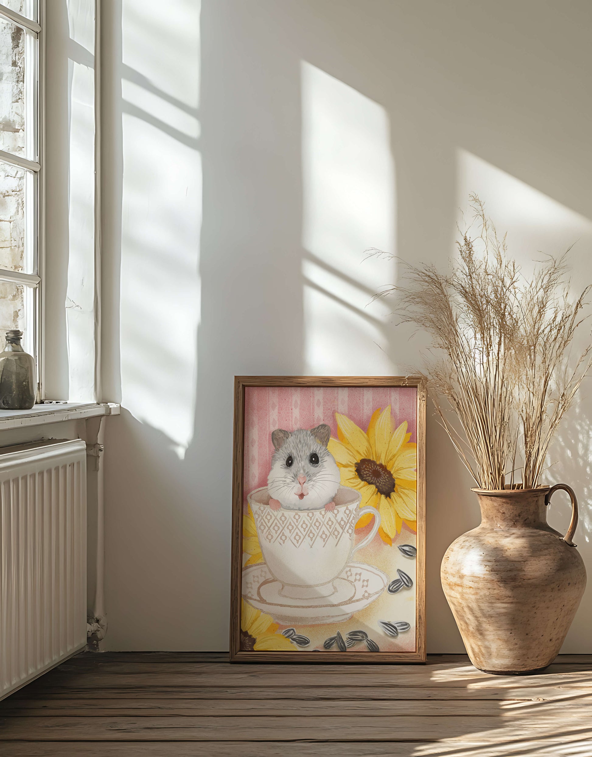 Adorable hamster in teacup with sunflowers and seeds