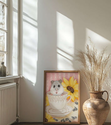 Adorable hamster in teacup with sunflowers and seeds