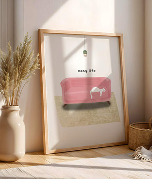 Minimalist Interior with Pink Sofa and Relaxed White Cat