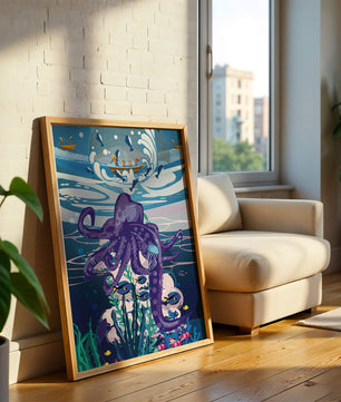Colorful underwater scene with octopus and fishing boat above
