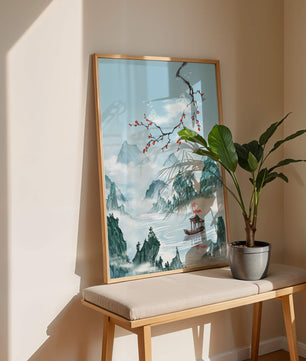 Chinese Landscape with Cherry Blossoms and Boat in Misty Mountains - Mi tienda