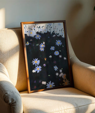 Field Of Blue And White Daisies On A Dark Background