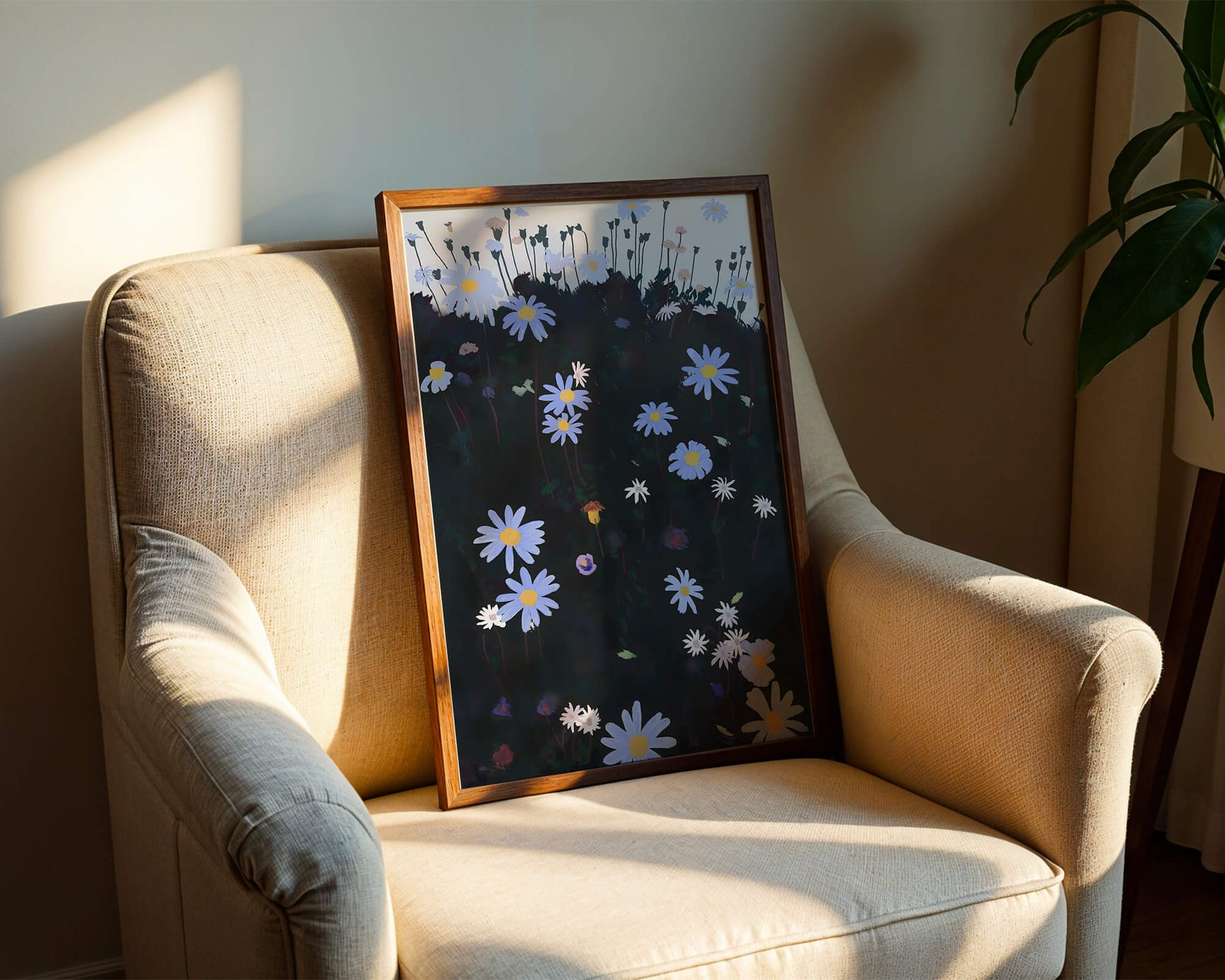 Field Of Blue And White Daisies On A Dark Background
