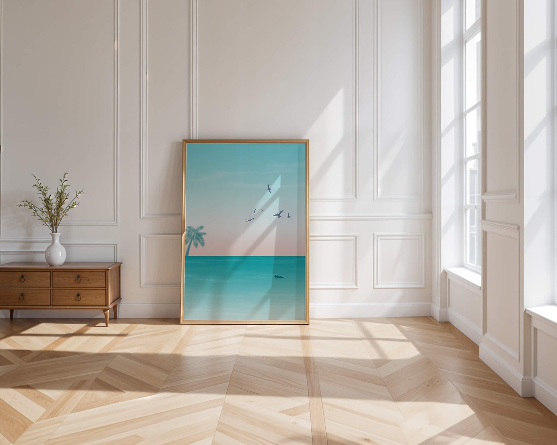 Serene Beach Landscape with Palm Trees and Seagulls at Sunset