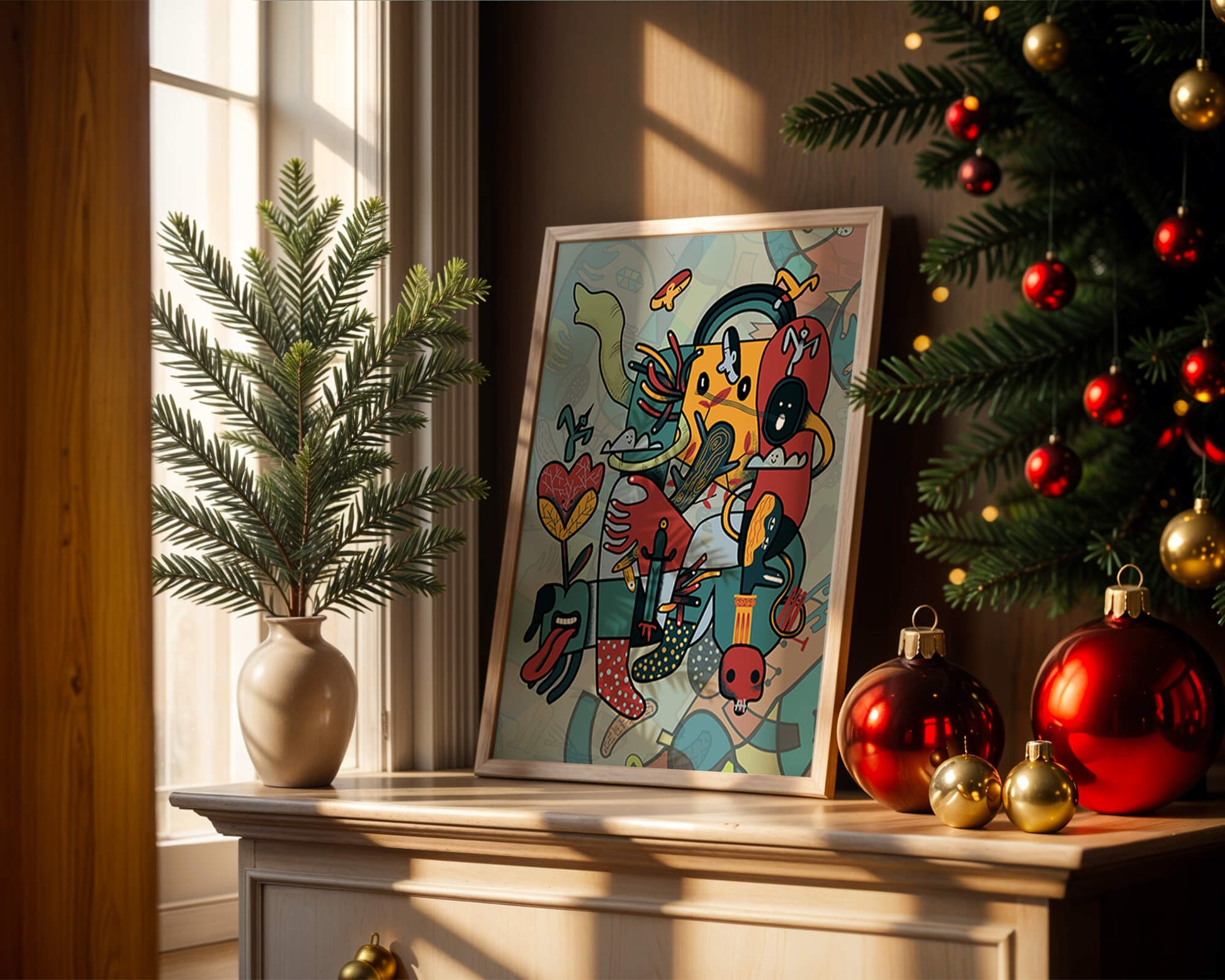 Composición artística surrealista abstracta con colores vibrantes