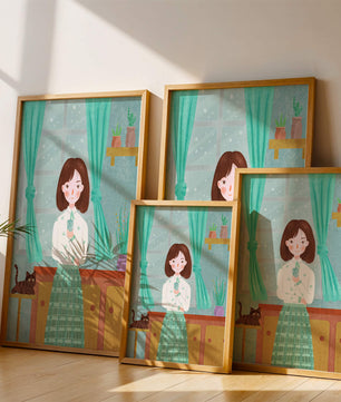 Charming Illustration of Woman and Cat in Cozy Living Room