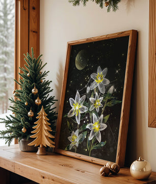 Floral Night Scene with Luminous Flowers and Golden Moon