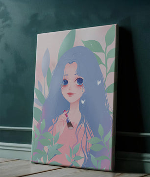 Illustration of a blue-haired girl surrounded by greenery