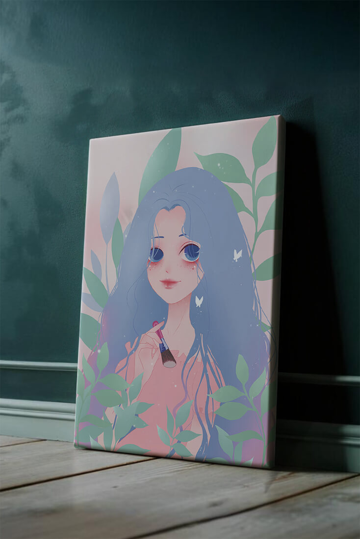 Illustration of a blue-haired girl surrounded by greenery