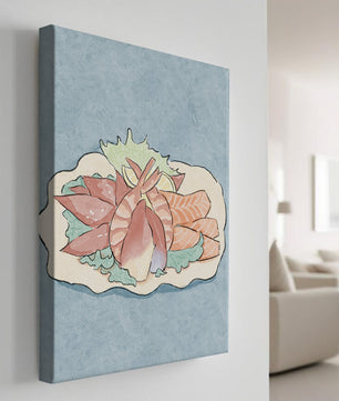 Illustration of seafood platter with shrimp and salmon on a decorative plate