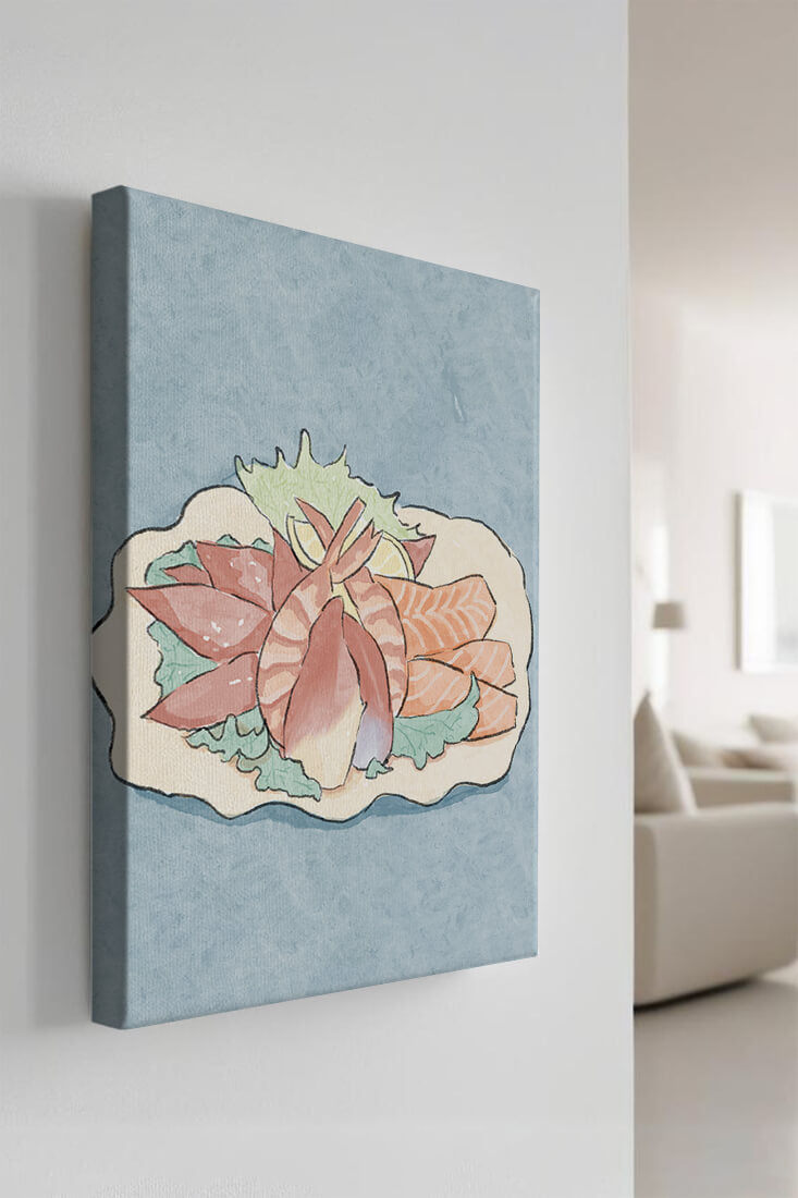 Illustration of seafood platter with shrimp and salmon on a decorative plate