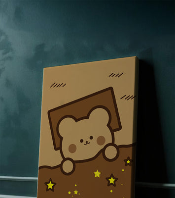 Adorable bear peeking out from a blanket with stars illustration