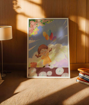 Whimsical illustration of a girl with balloons under vibrant pink blossoms