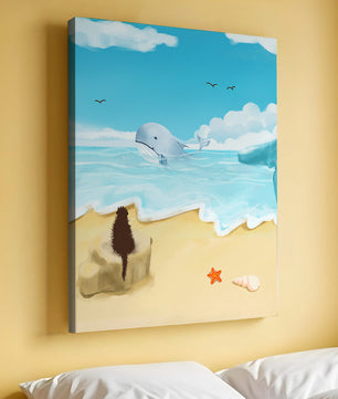 Meeresblick mit Wal und Elemente am Strand