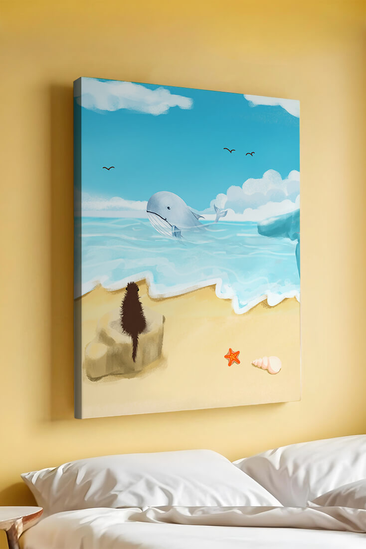 Vista al océano con ballena y elementos de playa