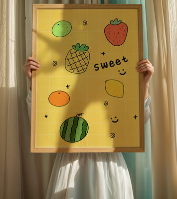 Playful fruit pattern on yellow grid background