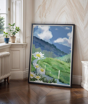 Meadow with Daisies Under Bright Blue Sky