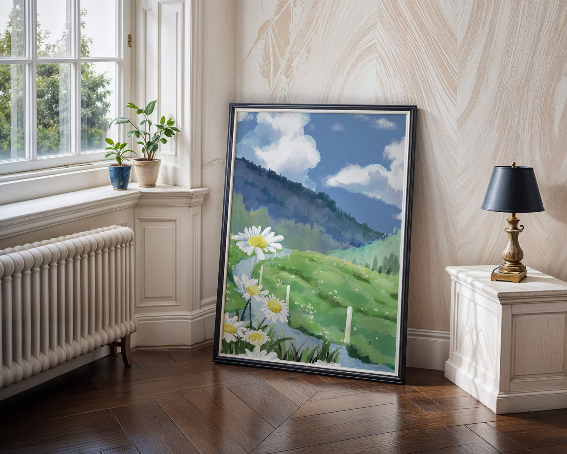 Meadow with Daisies Under Bright Blue Sky