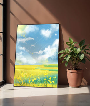 Sunny Meadow with Yellow Flowers and Blue Sky Scenic Art