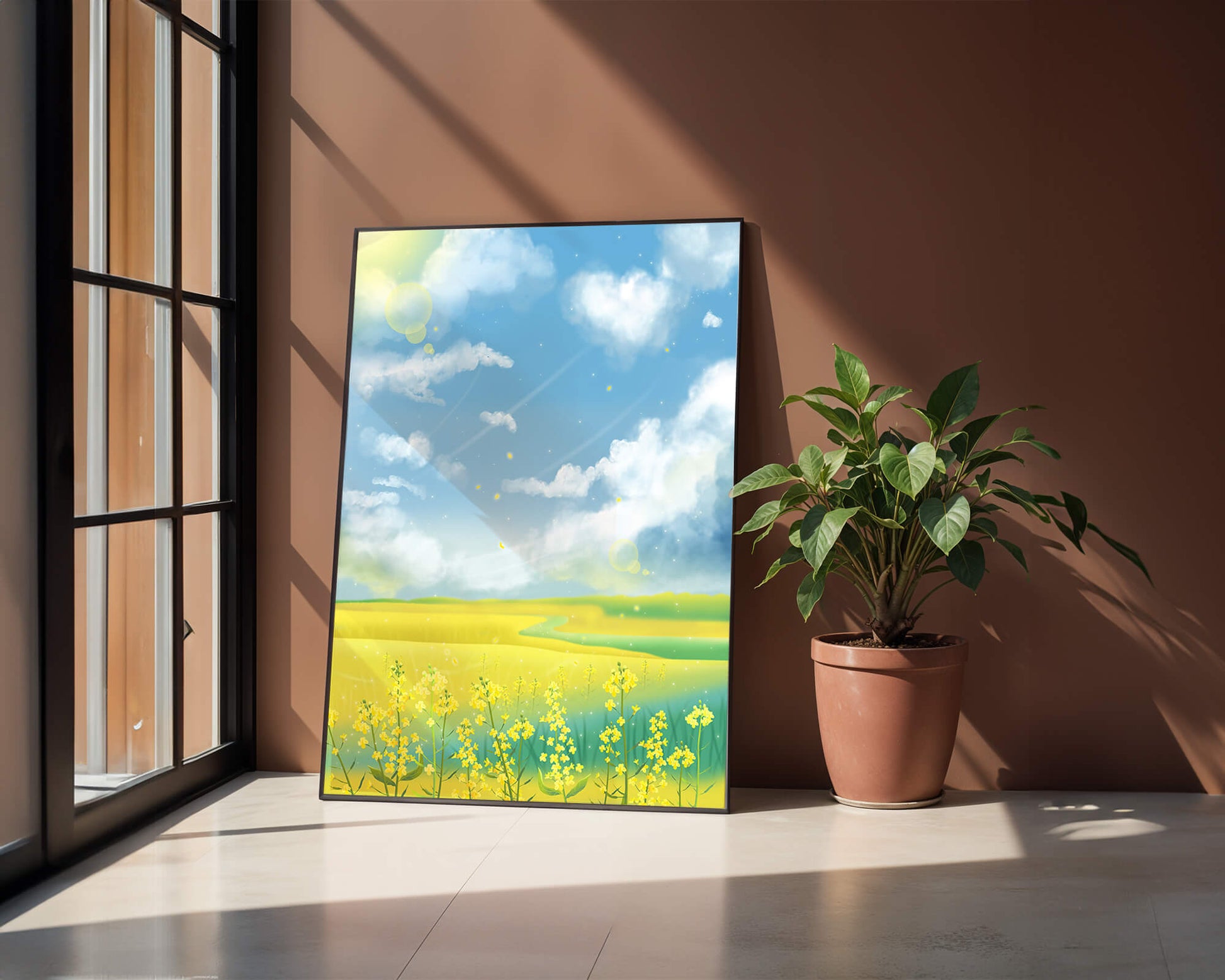Sunny Meadow with Yellow Flowers and Blue Sky Scenic Art