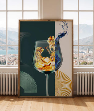 Fusión elegante de líquidos en una copa de vino con elementos dorados y azules
