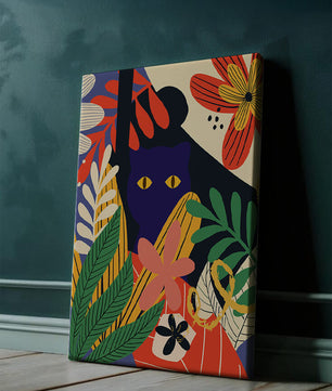 Ilustración abstracta colorida con un gato y patrones florales