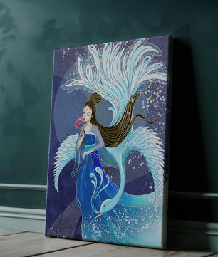Elegant woman with floral motif and ethereal bird illustration