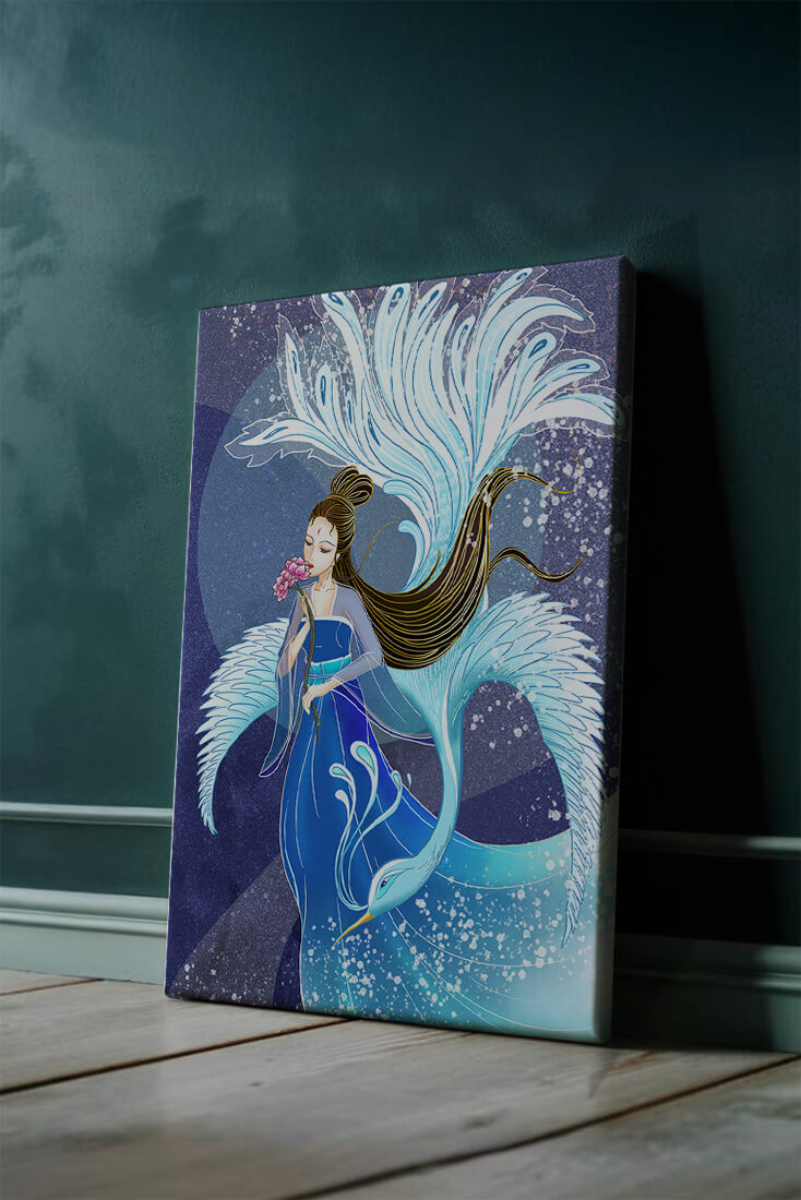 Elegant woman with floral motif and ethereal bird illustration