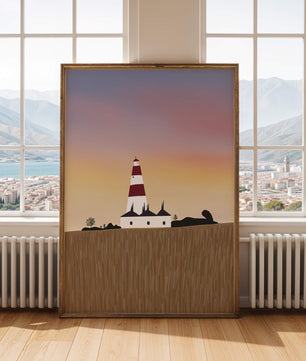Lighthouse at Dusk with Colorful Sky and Field Landscape