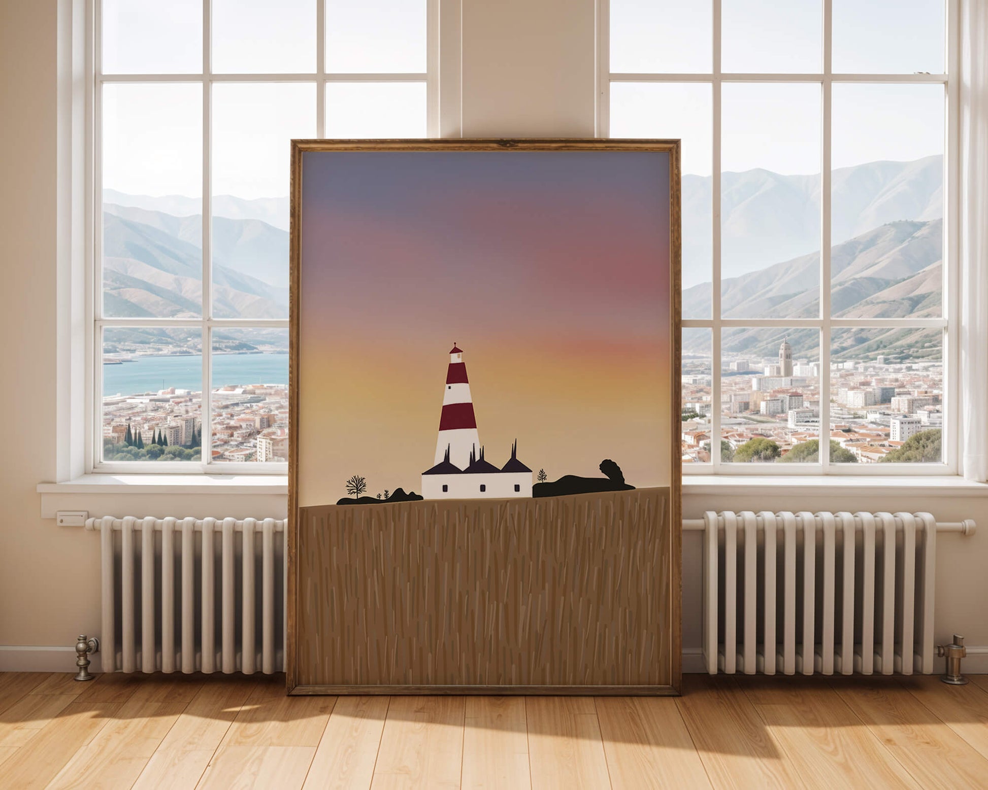 Lighthouse at Dusk with Colorful Sky and Field Landscape