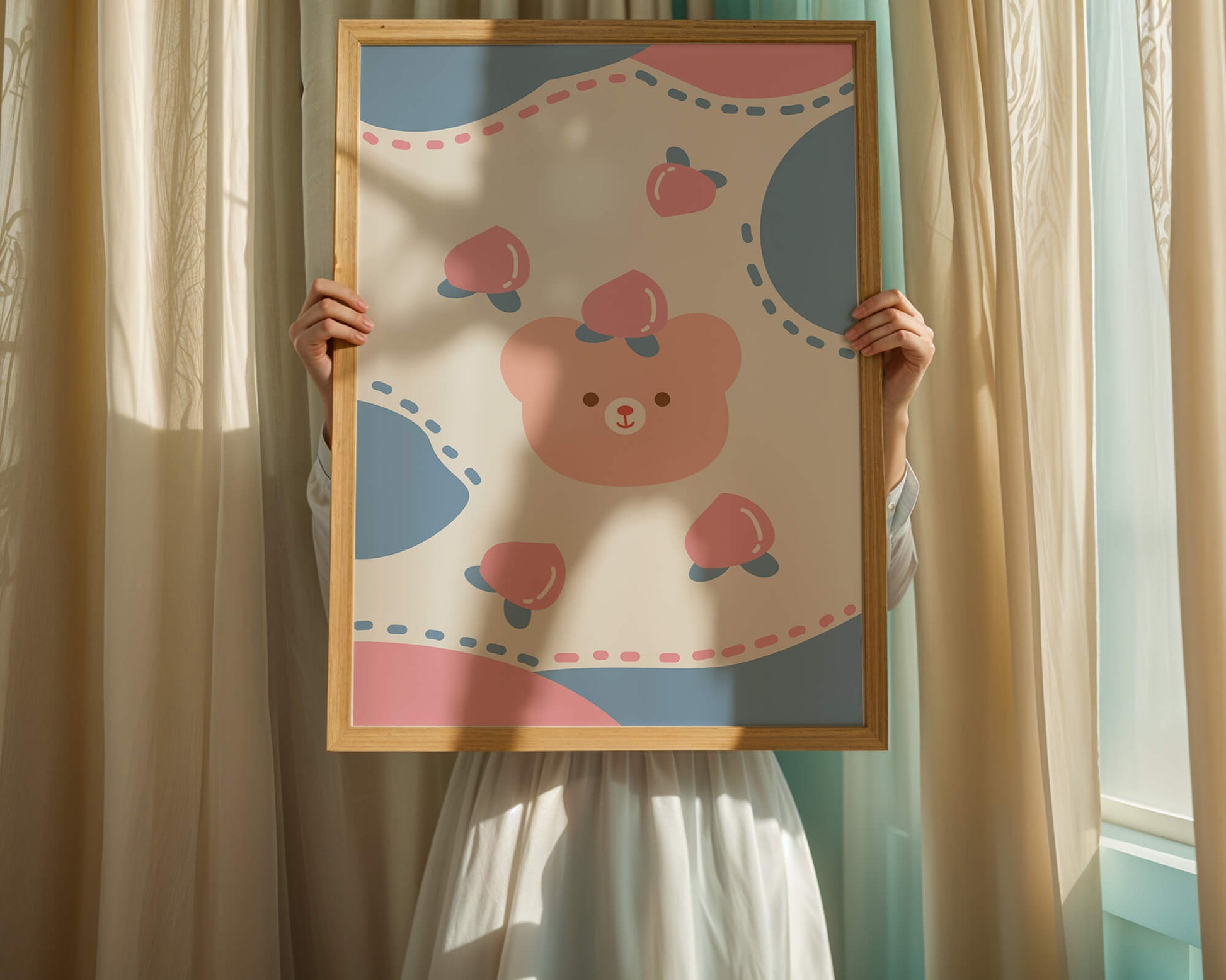 Adorable pastel bear with peaches and dotted background