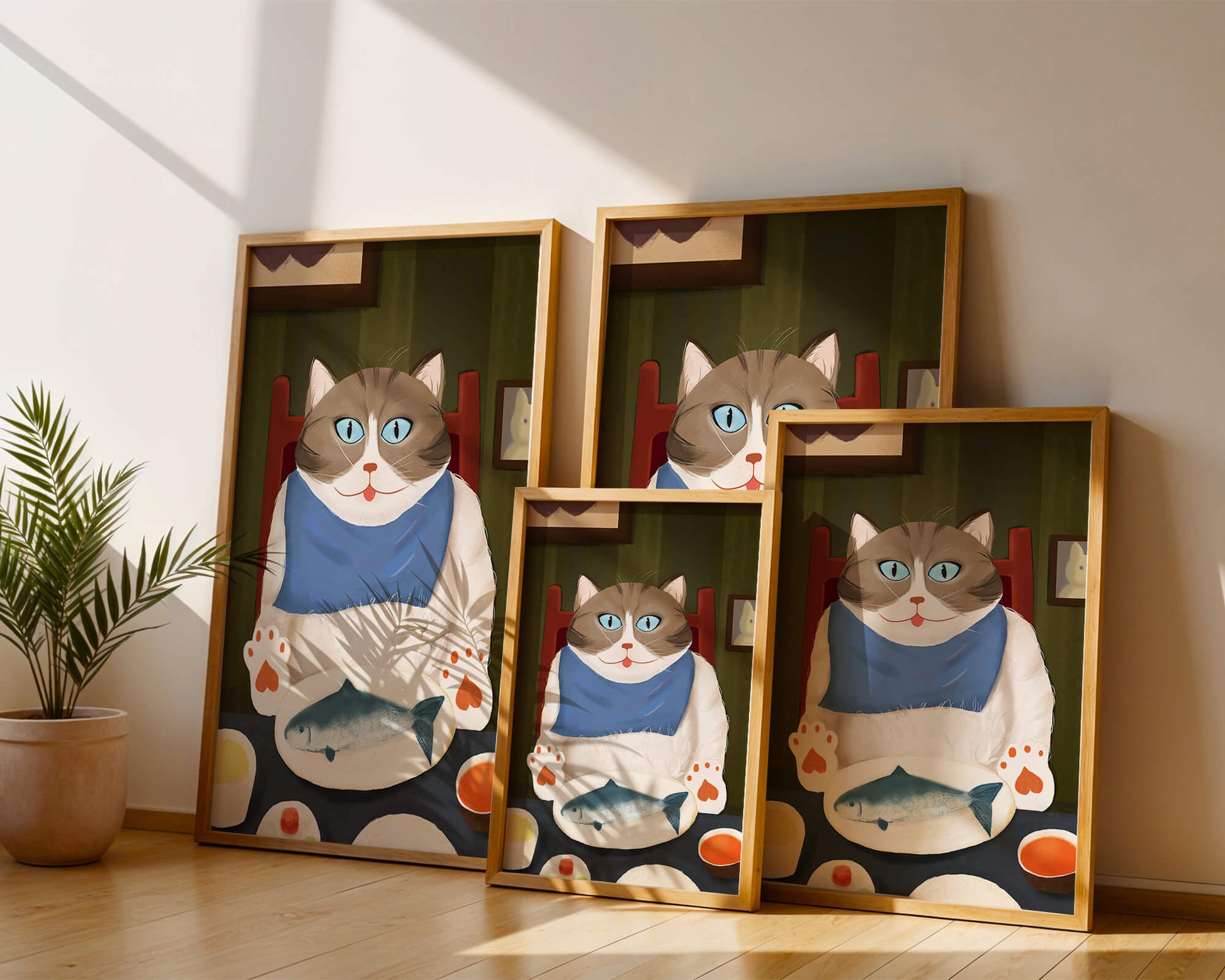 Ilustración de un gato comiendo con pescado y babero azul