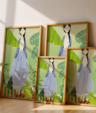 Serene illustration of a woman in nature with tropical leaves
