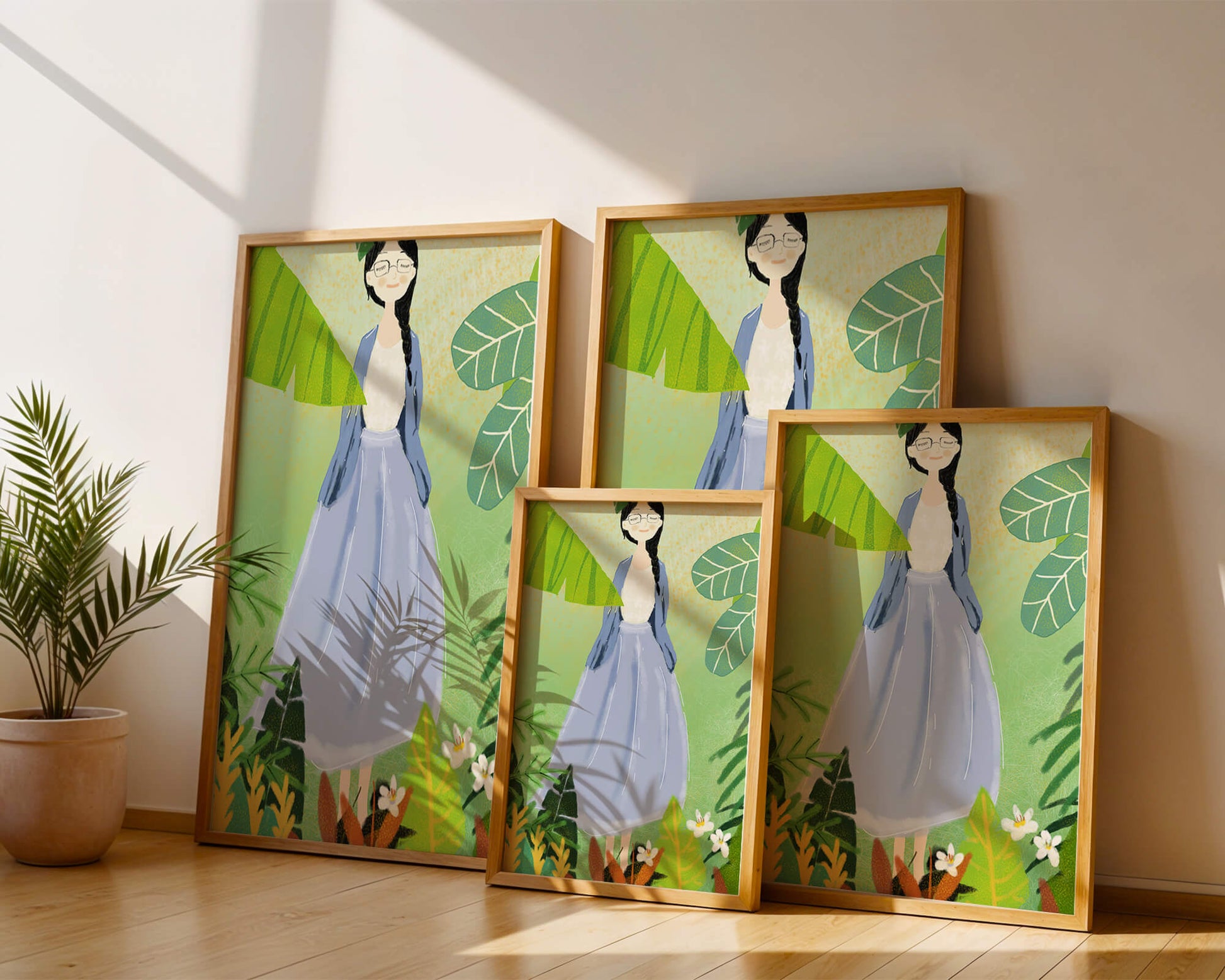 Serene illustration of a woman in nature with tropical leaves