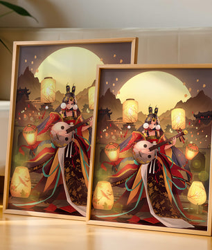 Elegant musician with traditional attire under lanterns and mountains