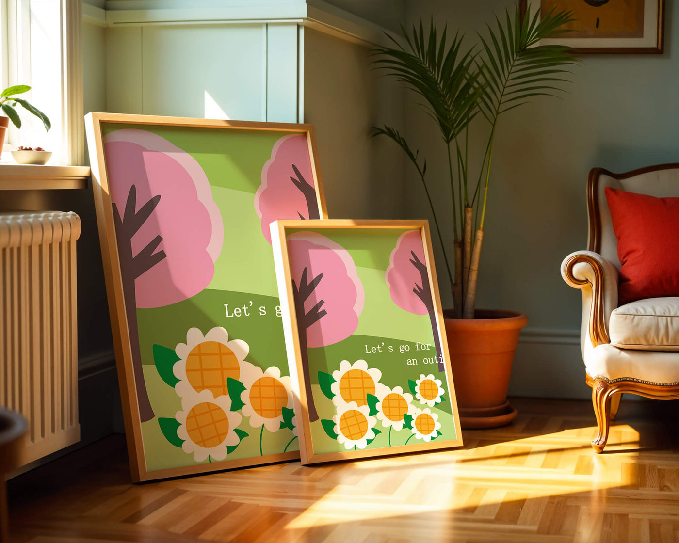 Charming spring landscape with pink trees and daisies