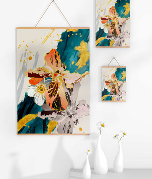 Obra de arte floral abstracta elegante con detalles dorados