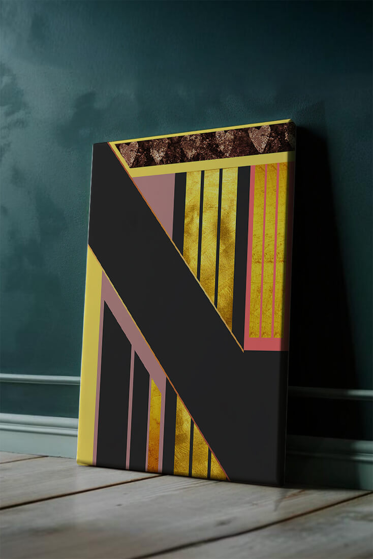 Geometric abstract art with gold and heart accents