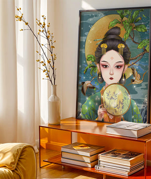 Elegante representación de una mujer con atuendo tradicional sosteniendo un abanico decorativo
